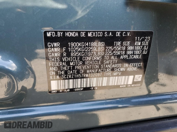 2024 Honda HR-V Sport with VIN 3CZRZ1H57RM732097, listed as a Copart auction lot 45940745 with 8,870 mi miles and Salvage Title. Bid and sale history available at DreamBid. Image 15.