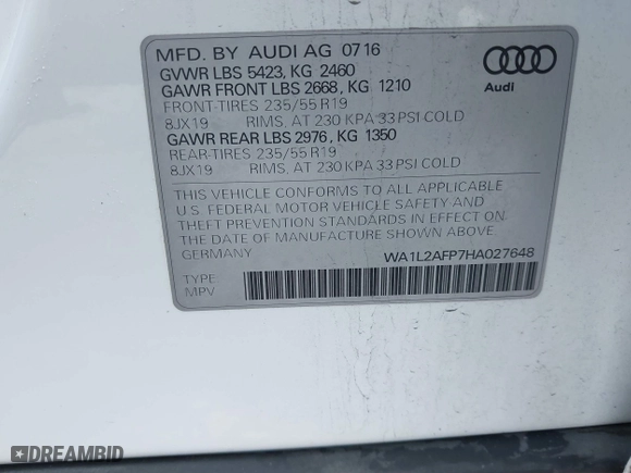 2017 Audi Q5 Premium Plus with VIN WA1L2AFP7HA027648, listed as a IAAI auction lot 41113860 with 84,203 mi miles. Bid and sale history available at carsss.com. Image 9.