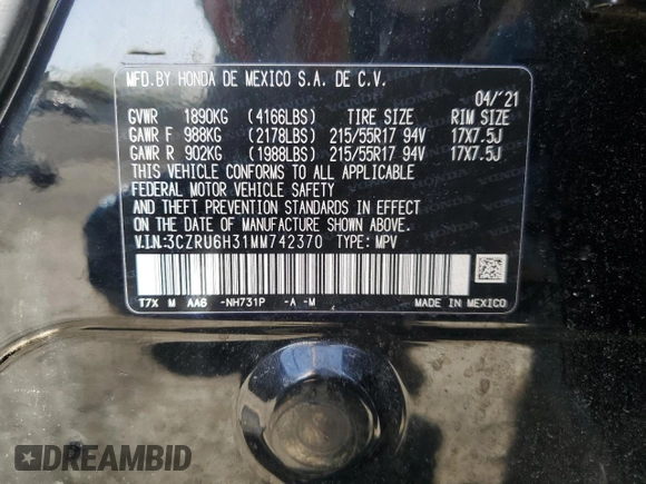 2021 Honda HR-V LX with VIN 3CZRU6H31MM742370, listed as a Copart auction lot 54893985 with 61,613 mi miles and Salvage Title. Bid and sale history available at carsss.com. Image 14.