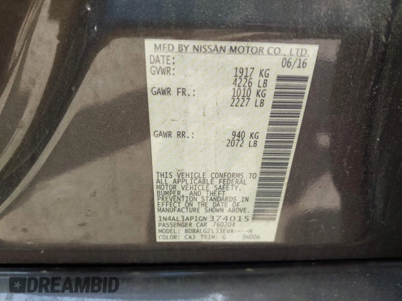2016 Nissan Altima S with VIN 1N4AL3AP1GN374015, listed as a IAAI auction lot 42483077 with 82,116 mi miles and . Bid and sale history available at DreamBid. Image 9.