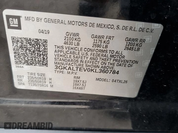 2019 GMC Terrain SLE z VIN 3GKALTEV0KL360784, wystawiony jako Copart lot #54321905 z przebiegiem 96 056 mil mil oraz Szkoda całkowita • Salvage title. Historia ofert i sprzedaży dostępna na DreamBid. Obrazek 13.