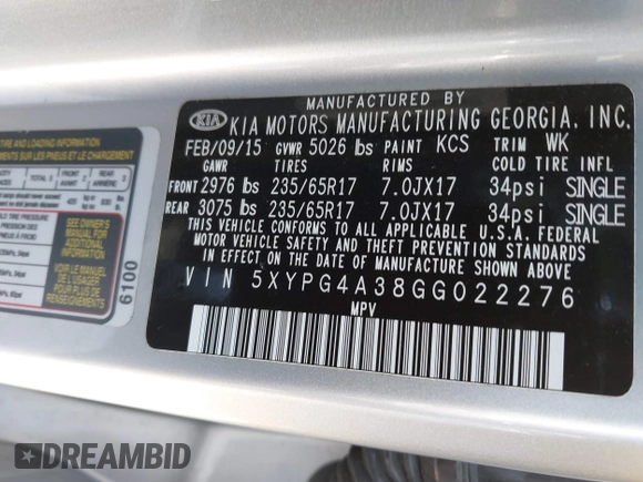 2016 Kia Sorento LX with VIN 5XYPG4A38GG022276, listed as a IAAI auction lot 41672907 with 201,417 mi miles. Bid and sale history available at carsss.com. Image 9.