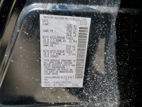2013 Nissan Pathfinder Platinum with VIN 5N1AR2MN1DC622487, listed as a Copart auction lot 48575745 with 181724 miles and Salvage Title. Bid and sale history available at carsss.com. Image 14.