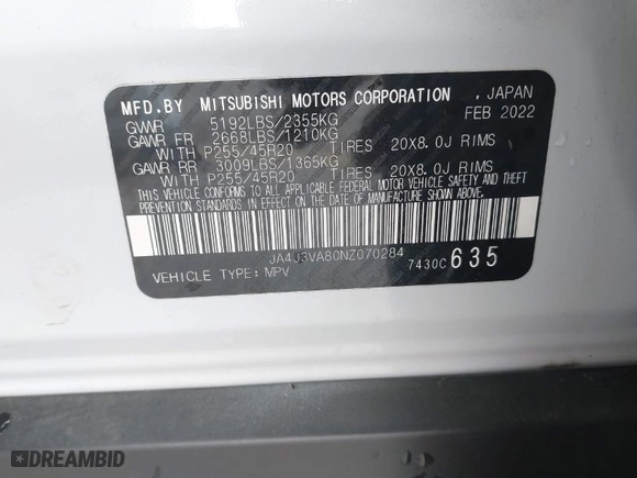2022 Mitsubishi Outlander SEL with VIN JA4J3VA80NZ070284, listed as a IAAI auction lot 41295344 with 89,985 mi miles. Bid and sale history available at carsss.com. Image 9.