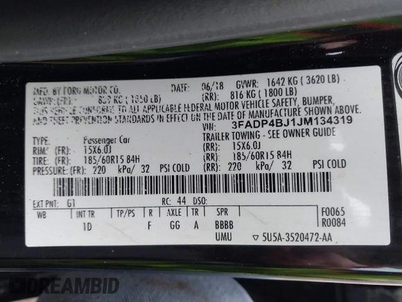 2018 Ford Fiesta SE with VIN 3FADP4BJ1JM134319, listed as a IAAI auction lot 41900382 with 113,555 mi miles and . Bid and sale history available at DreamBid. Image 9.