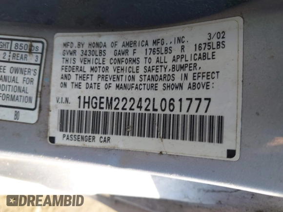 2002 Honda Civic DX with VIN 1HGEM22242L061777, listed as a IAAI auction lot 41899272 with 171,765 mi miles and . Bid and sale history available at DreamBid. Image 9.