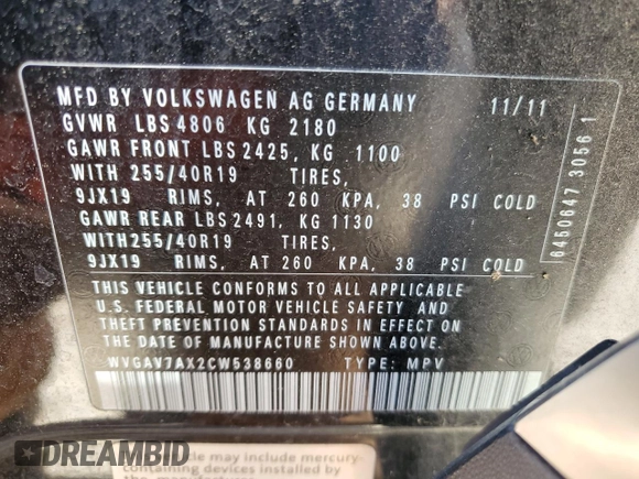 2012 Volkswagen Tiguan SEL with VIN WVGAV7AX2CW538660, listed as a Copart auction lot 52070165 with 111,673 mi miles and Clean Title. Bid and sale history available at DreamBid. Image 13.