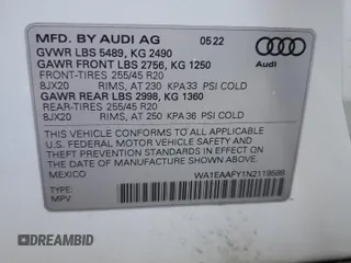 2022 Audi Q5 S line Premium Plus with VIN WA1EAAFY1N2119588, listed as a Copart auction lot 41730405 with 0 mi miles and Salvage Title. Bid and sale history available at carsss.com. Image 13.