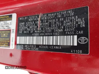 2008 Toyota Camry LE with VIN 4T4BE46K38R041982, listed as a IAAI auction lot 42174094 with 184,022 mi miles and . Bid and sale history available at DreamBid. Image 9.