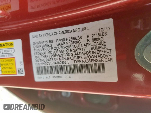 2018 Honda Accord Touring z VIN 1HGCV1F94JA030870, wystawiony jako Copart lot #56889535 z przebiegiem 105 226 mil mil oraz Szkoda całkowita • Salvage title. Historia ofert i sprzedaży dostępna na DreamBid. Obrazek 12.