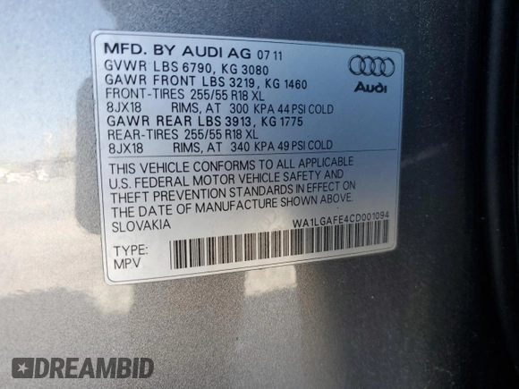 2012 Audi Q7 Premium Plus with VIN WA1LGAFE4CD001094, listed as a Copart auction lot 49516585 with 117,344 mi miles and Clean title. Bid and sale history available at DreamBid. Image 13.