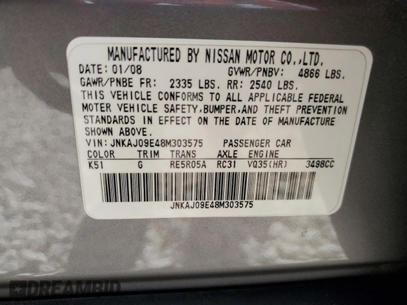 2008 Infiniti EX Journey with VIN JNKAJ09E48M303575, listed as a Copart auction lot 77755054 with 261,927 mi miles and Salvage Title. Bid and sale history available at DreamBid. Image 14.