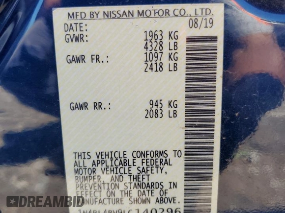 2020 Nissan Altima S z VIN 1N4BL4BV9LC140296, wystawiony jako Copart lot #57942635 z przebiegiem 143 620 mil mil oraz Czysty tytuł • Clean title. Historia ofert i sprzedaży dostępna na DreamBid. Obrazek 12.