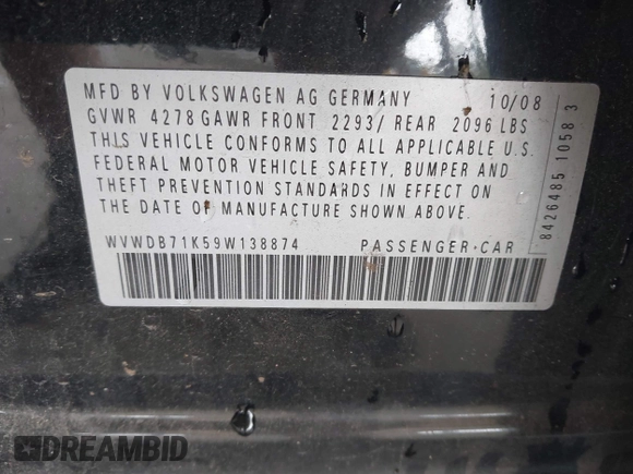 2009 Volkswagen Rabbit S z VIN WVWDB71K59W138874, wystawiony jako IAAI lot #42421953 z przebiegiem 134 616 mil mil oraz . Historia ofert i sprzedaży dostępna na DreamBid. Obrazek 9.