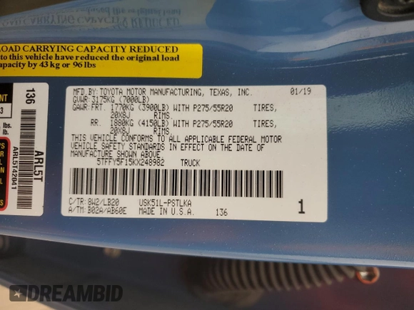 2019 Toyota Tundra 2WD SR5 with VIN 5TFFY5F15KX248982, listed as a Copart auction lot 83980874 with 93,790 mi miles and Salvage Title. Bid and sale history available at carsss.com. Image 12.