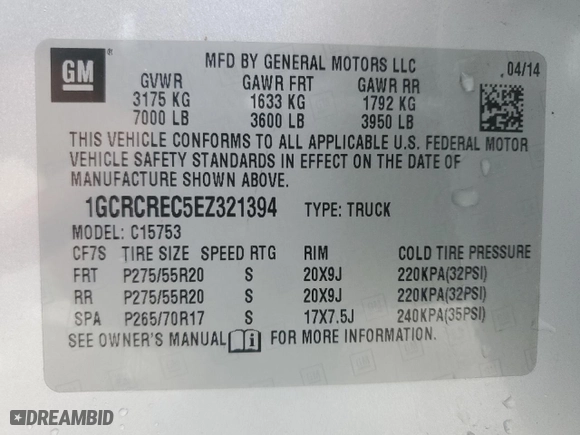 2014 Chevrolet Silverado 1500 LT with VIN 1GCRCREC5EZ321394, listed as a Copart auction lot 82635794 with 0 mi miles and Salvage Title. Bid and sale history available at carsss.com. Image 12.