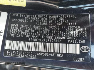 2014 Toyota Camry L with VIN 4T4BF1FKXER402857, listed as a IAAI auction lot 42144757 with 192,081 mi miles and . Bid and sale history available at DreamBid. Image 9.
