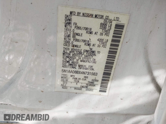 2004 Nissan Armada LE z VIN 5N1AA08BX4N731563, wystawiony jako IAAI lot #41790387 z przebiegiem 228 459 mil mil oraz . Historia ofert i sprzedaży dostępna na DreamBid. Obrazek 9.