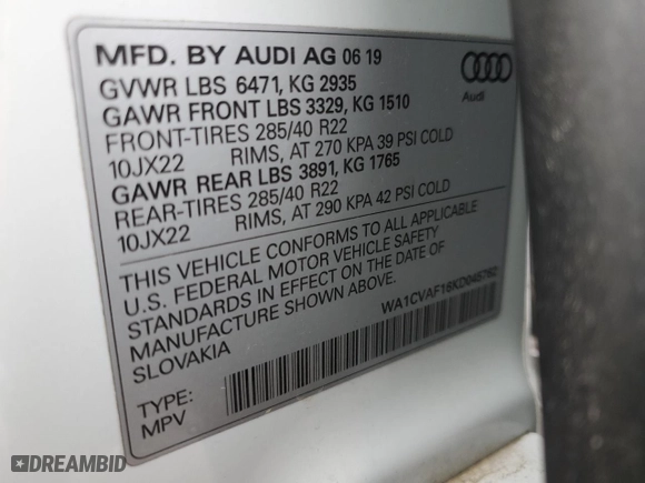 2019 Audi Q8 Prestige with VIN WA1CVAF16KD045762, listed as a Copart auction lot 36052363 with 0 mi miles. Bid and sale history available at carsss.com. Image 15.