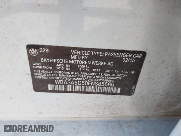 2015 BMW 3 Series 328i with VIN WBA3A5G50FNS85686, listed as a IAAI auction lot 41966698 with 105,737 mi miles and . Bid and sale history available at DreamBid. Image 9.