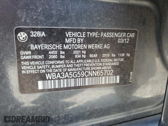 2012 BMW 3 Series 328i with VIN WBA3A5G59CNN65702, listed as a Copart auction lot 55233745 with 150,734 mi miles and Salvage title. Bid and sale history available at DreamBid. Image 12.