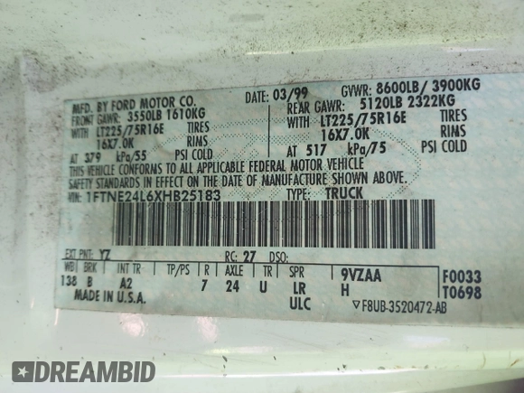 1999 Ford Econoline Cargo Commercial with VIN 1FTNE24L6XHB25183, listed as a IAAI auction lot 41391984 with 205,804 mi miles and . Bid and sale history available at carsss.com. Image 9.