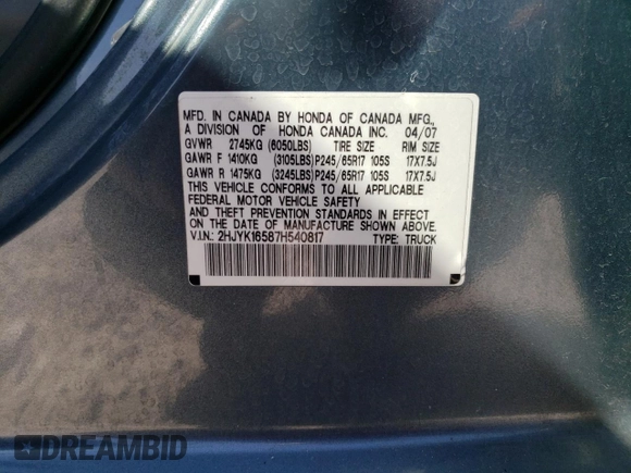 2007 Honda Ridgeline RTL w/Leather with VIN 2HJYK16587H540817, listed as a Copart auction lot 49950124 with 169,275 mi miles and Salvage Title. Bid and sale history available at carsss.com. Image 12.