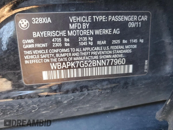 2011 BMW 3 Series 328i xDrive with VIN WBAPK7G52BNN77960, listed as a Copart auction lot 87722225 with 198,179 mi miles and Salvage Title. Bid and sale history available at carsss.com. Image 12.