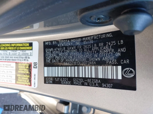 2020 Lexus ES with VIN 58ADZ1B13LU073464, listed as a IAAI auction lot 41195303 with 57,991 mi miles. Bid and sale history available at carsss.com. Image 9.