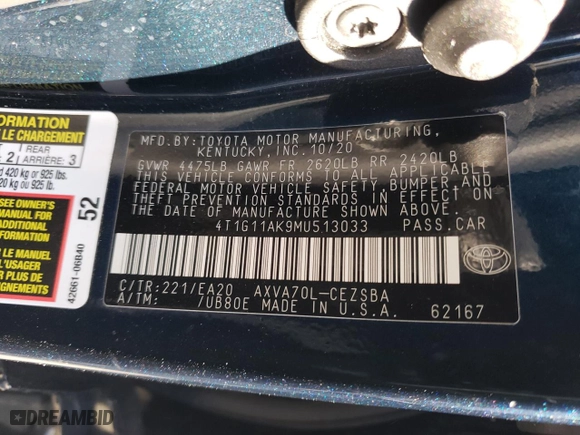 2021 Toyota Camry SE Nightshade with VIN 4T1G11AK9MU513033, listed as a Copart auction lot 83150164 with 61,973 mi miles and Salvage Title. Bid and sale history available at carsss.com. Image 14.