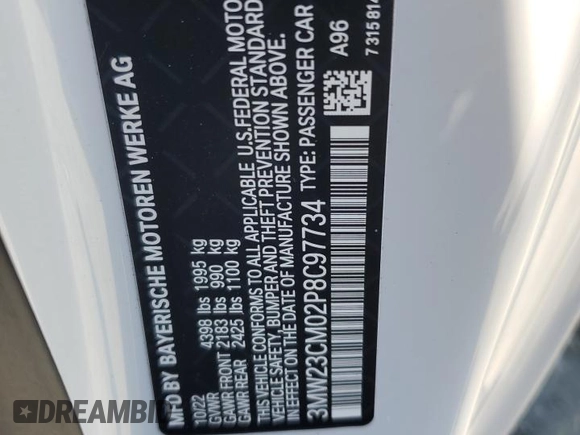 2023 BMW 2 Series 230i with VIN 3MW23CM02P8C97734, listed as a Copart auction lot 63805255 with 6,140 mi miles and Salvage title. Bid and sale history available at DreamBid. Image 13.