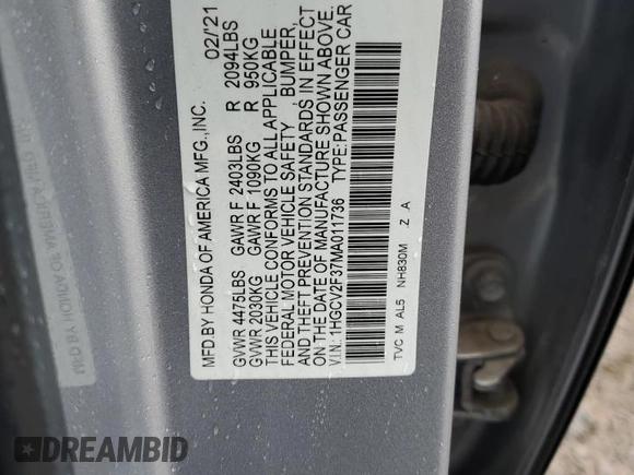 2021 Honda Accord Sport with VIN 1HGCV2F37MA011736, listed as a Copart auction lot 45383575 with Not provided miles and Salvage title. Bid and sale history available at DreamBid. Image 12.