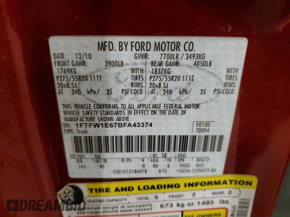 2011 Ford F-150 Lariat with VIN 1FTFW1E67BFA43374, listed as a Copart auction lot 42424915 with 98,562 mi miles and Salvage Title. Bid and sale history available at carsss.com. Image 14.