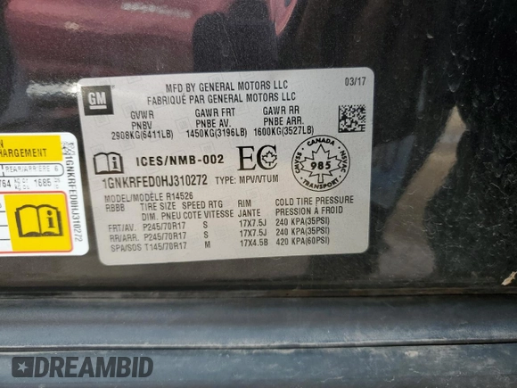 2017 Chevrolet Traverse LS with VIN 1GNKRFED0HJ310272, listed as a Copart auction lot 56943165 with Not provided miles and Salvage title. Bid and sale history available at DreamBid. Image 12.