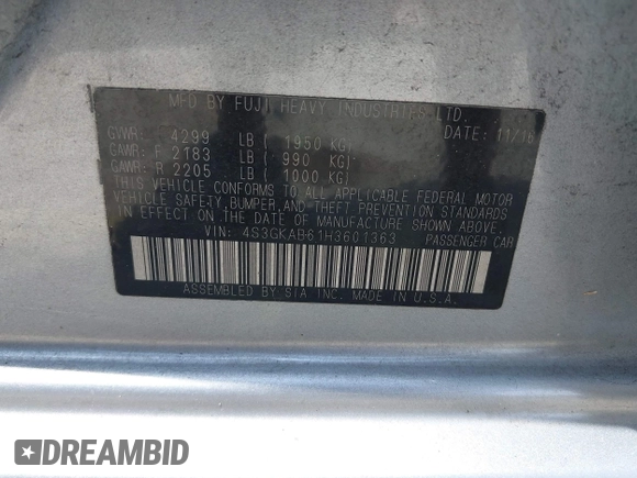 2017 Subaru Impreza Premium with VIN 4S3GKAB61H3601363, listed as a IAAI auction lot 42534427 with 86,617 mi miles and . Bid and sale history available at DreamBid. Image 9.