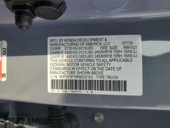 2024 Honda Ridgeline Sport with VIN 5FPYK3F14RB032163, listed as a Copart auction lot 59680745 with Not provided miles and Salvage title. Bid and sale history available at DreamBid. Image 13.