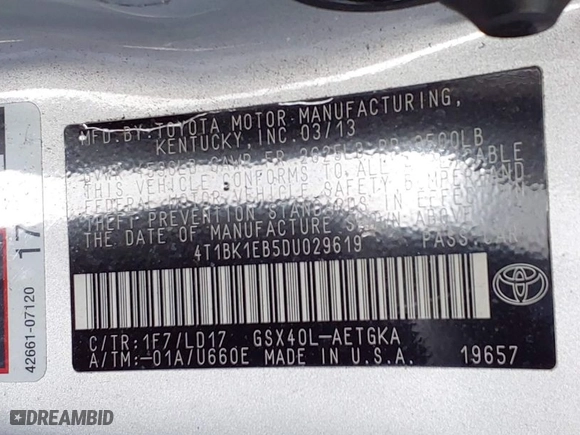 2013 Toyota Avalon XLE with VIN 4T1BK1EB5DU029619, listed as a IAAI auction lot 41758252 with 152,393 mi miles. Bid and sale history available at carsss.com. Image 9.
