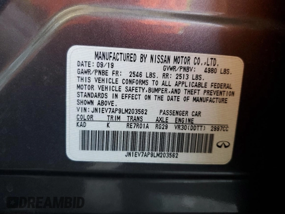 2020 Infiniti Q50 Luxe z VIN JN1EV7AP9LM203562, wystawiony jako Copart lot #57536415 z przebiegiem 48 790 mil mil oraz Szkoda całkowita • Salvage title. Historia ofert i sprzedaży dostępna na DreamBid. Obrazek 12.