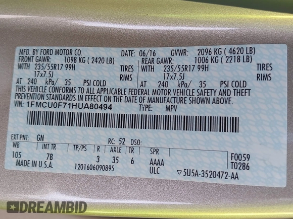 2017 Ford Escape S with VIN 1FMCU0F71HUA80494, listed as a IAAI auction lot 42457990 with 121,903 mi miles and . Bid and sale history available at DreamBid. Image 9.