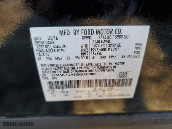 2016 Ford Explorer XLT with VIN 1FM5K7DH5GGD20985, listed as a Copart auction lot 50499095 with 120,510 mi miles and Salvage Title. Bid and sale history available at carsss.com. Image 13.