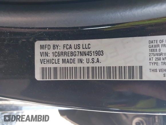 2022 Ram 1500 Big Horn z VIN 1C6RREBG7NN451903, wystawiony jako IAAI lot #40764817 z przebiegiem 31 109 mil mil oraz . Historia ofert i sprzedaży dostępna na DreamBid. Obrazek 9.
