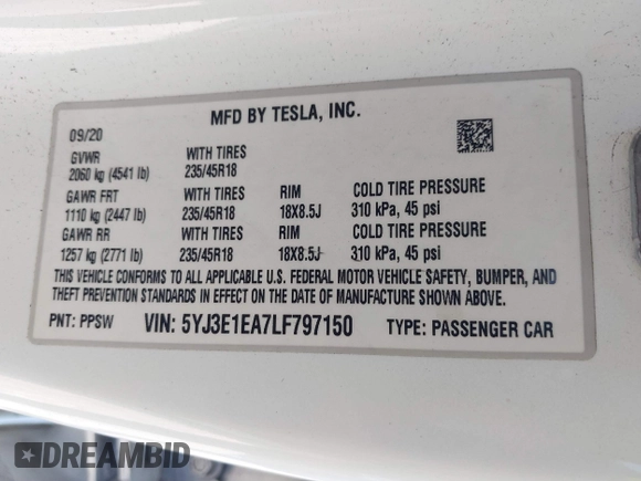 2020 Tesla Model 3 Standard Range Plus with VIN 5YJ3E1EA7LF797150, listed as a IAAI auction lot 41869088 with 75,708 mi miles and . Bid and sale history available at carsss.com. Image 9.
