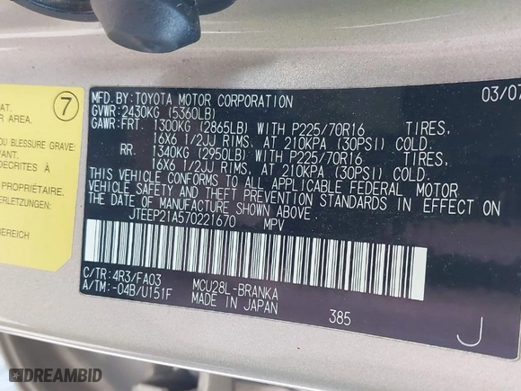 2007 Toyota Highlander w/3rd Row with VIN JTEEP21A570221670, listed as a IAAI auction lot 41250577 with 55,512 mi miles. Bid and sale history available at carsss.com. Image 9.