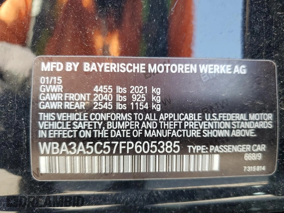 2015 BMW 3 Series 328i with VIN WBA3A5C57FP605385, listed as a Copart auction lot 54703705 with 129,294 mi miles and Salvage title. Bid and sale history available at DreamBid. Image 12.