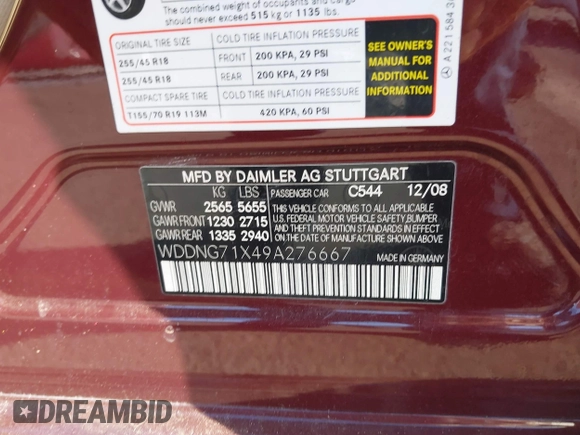 2009 Mercedes-Benz S 550 with VIN WDDNG71X49A276667, listed as a IAAI auction lot 41736473 with Not Provided miles and . Bid and sale history available at DreamBid. Image 9.