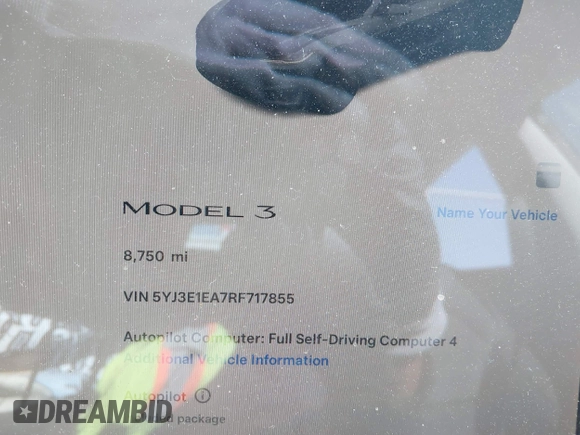 2024 Tesla Model 3 with VIN 5YJ3E1EA7RF717855, listed as a IAAI auction lot 41838814 with 8,750 mi miles and . Bid and sale history available at DreamBid. Image 7.