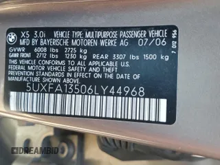 2006 BMW X5 3.0i with VIN 5UXFA13506LY44968, listed as a Copart auction lot 62812554 with 116,970 mi miles and Clean Title. Bid and sale history available at carsss.com. Image 13.