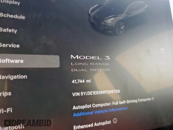 2021 Tesla Model 3 Long Range z VIN 5YJ3E1EB9MF006708, wystawiony jako Copart lot #56230525 z przebiegiem 41 744 mil mil oraz Szkoda całkowita • Salvage title. Historia ofert i sprzedaży dostępna na DreamBid. Obrazek 9.