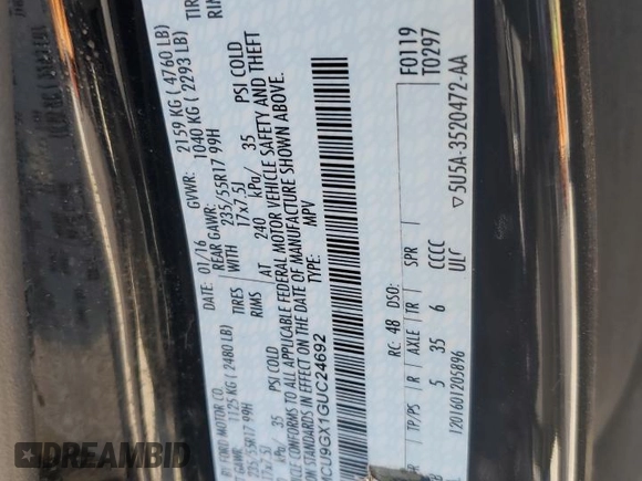 2016 Ford Escape SE with VIN 1FMCU9GX1GUC24692, listed as a Copart auction lot 88102815 with 114,900 mi miles and Salvage Title. Bid and sale history available at DreamBid. Image 13.
