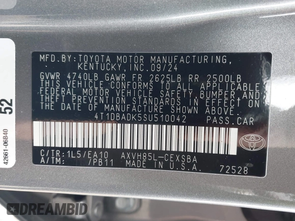 2025 Toyota Camry LE с VIN 4T1DBADK5SU510042, выставлен на аукционе IAAI как лот 41834173 с пробегом 6 975 миль миль и . История ставок и продаж доступна на DreamBid. Изображение 9.